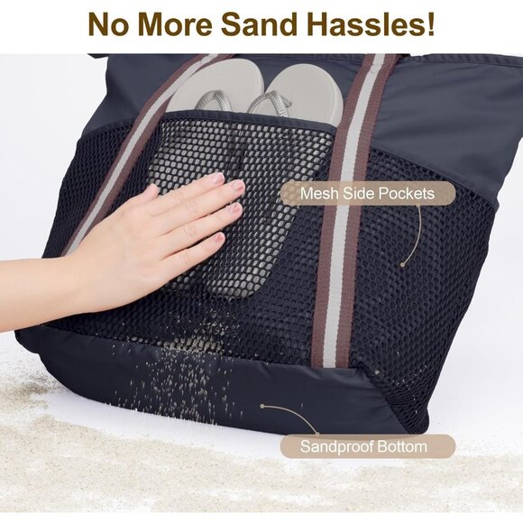Women's Black Vacation Waterproof Sandproof With Zipper Mesh Pockets Beach Bag - Picture 4 of 8